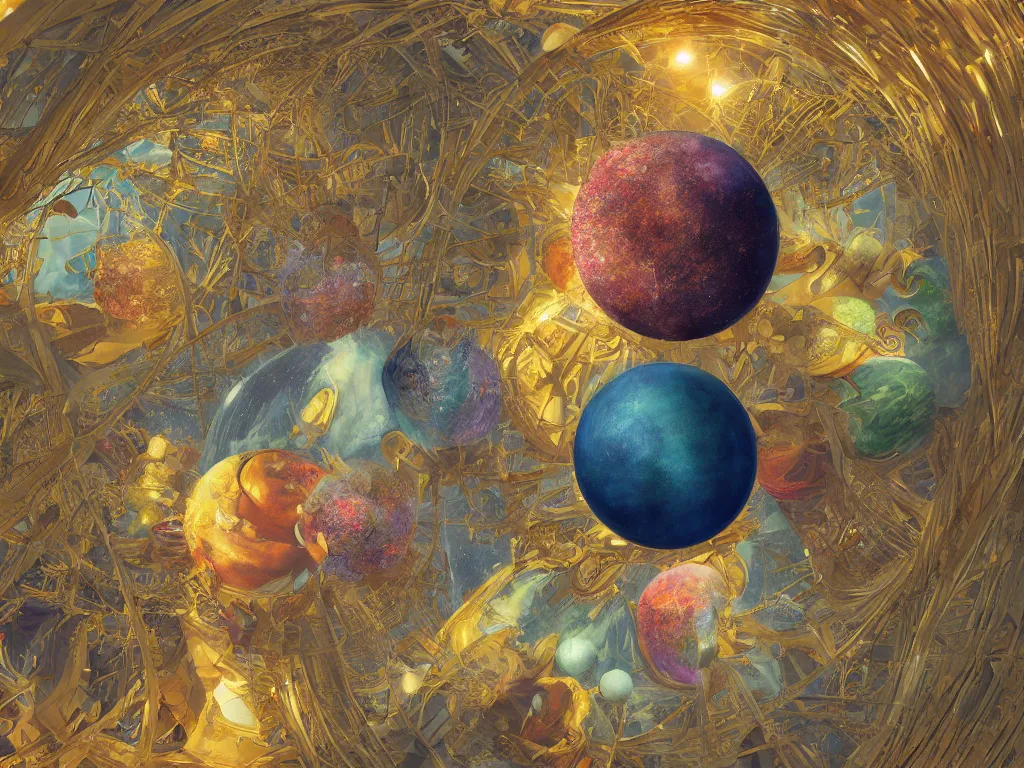 Image similar to 3 d render, sunlight study, the universe is a spheroid region 7 0 5 meters in diameter, sunlight study, art nouveau, 3 d render, by jan davidz de heem and ( ( hans zatzka ) ) and ( ( ( ( ( lisa frank ) ) ) ) ), 8 k, sharp focus