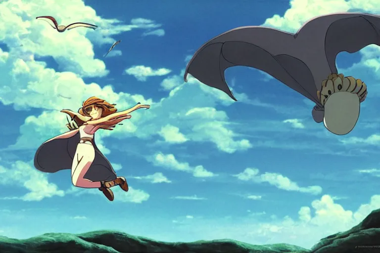 Image similar to A cell animation of girl flying with a bird-shaped white glider over the clowds, Nausicaa of the Valley of the Wind, Miyazaki Hayao, ghibli style, illustration, anime, trending on artstaion