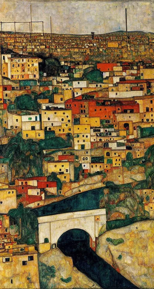 Prompt: small city in south of iran with a bridge on local river and palm trees, painting by egon schiele