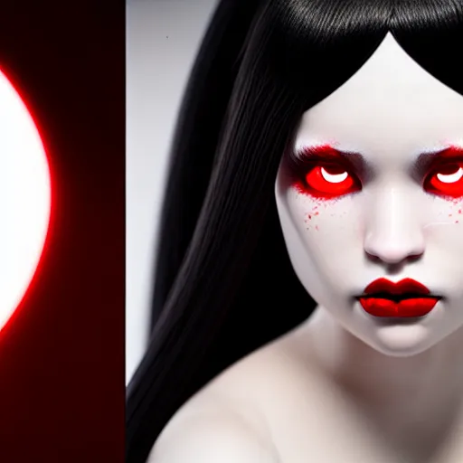 Prompt: a girl with black hair, skin that is pure white, and red eyes, octane render, professional art