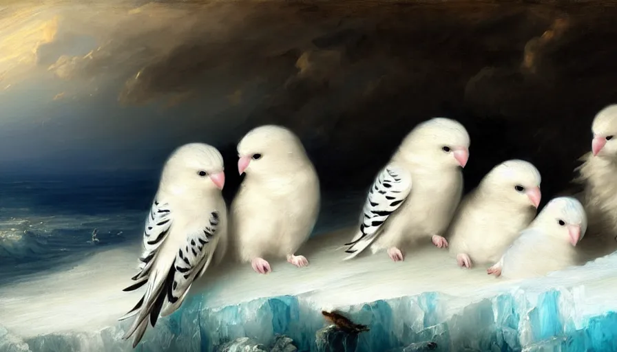 Image similar to highly detailed painting of cute furry white baby budgie cats cuddling into each other on a blue and white iceberg by william turner, by greg rutkowski, by william constable, thick brush strokes and visible paint layers, 4 k resolution