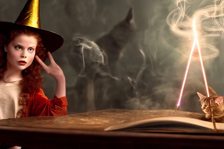 Image similar to close up portrait, dramatic lighting, teen witch calmly pointing a magic wand casting a spell over a large open book on a table with, short hair, cat on the table in front of her, sage smoke, a witch hat cloak, apothecary shelves in the background, still from alice in wonderland and peter pan