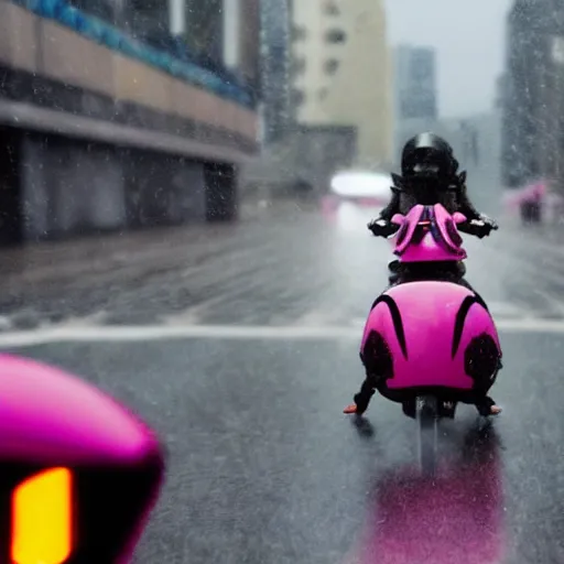 Image similar to hyper realistic, photo, humanoid pink female Squid creatures riding a motorcycle fast in the rainy city traffic