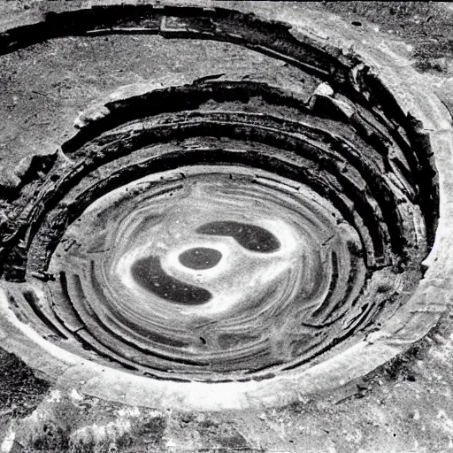 Image similar to old photograph from a strange alien city, hollow earth, black and white