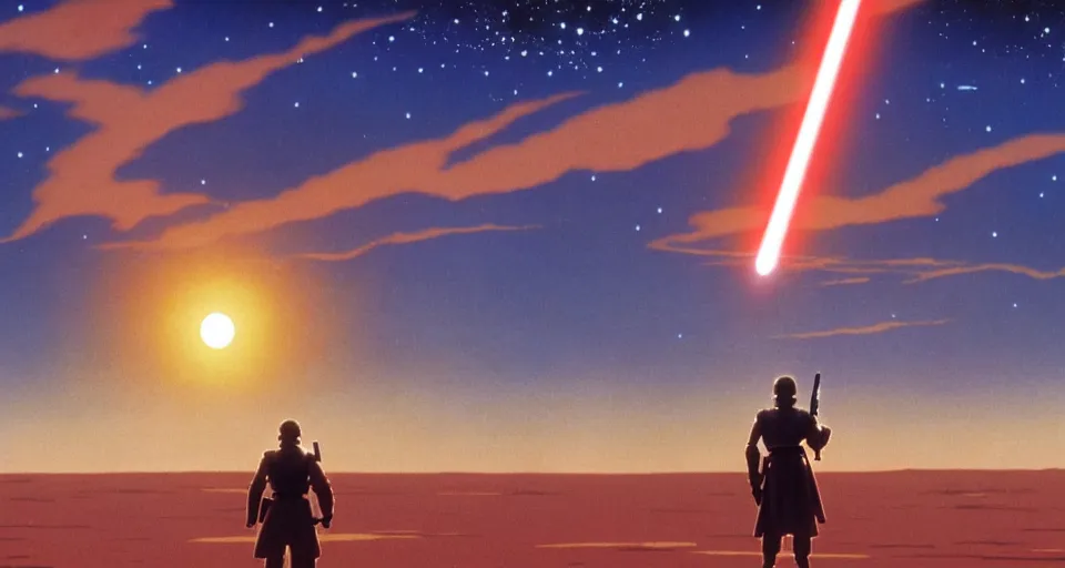 Image similar to beautiful wide shot tatooine landscape obi wan kenobi Luke skywalker droids binary sunset in Star Wars a new hope 1977 by studio ghibli, Miyazaki, animation, highly detailed, 70mm