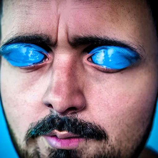 Prompt: fish eye lens close up photograph of a man with blue skin and a goatee side eyeing from below the camera with a sympathetic look