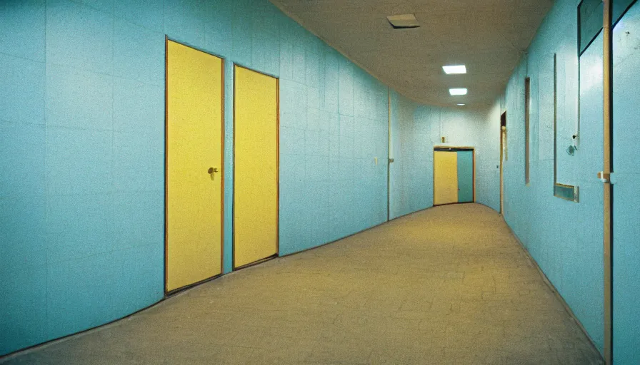 Prompt: 60s movie still of an empty sauna corridor fade yellow light and light blue tiles floor in the backrooms, exit signs with random arrows everywhere, cinestill 800t 50mm eastmancolor, liminal Space style, heavy grain