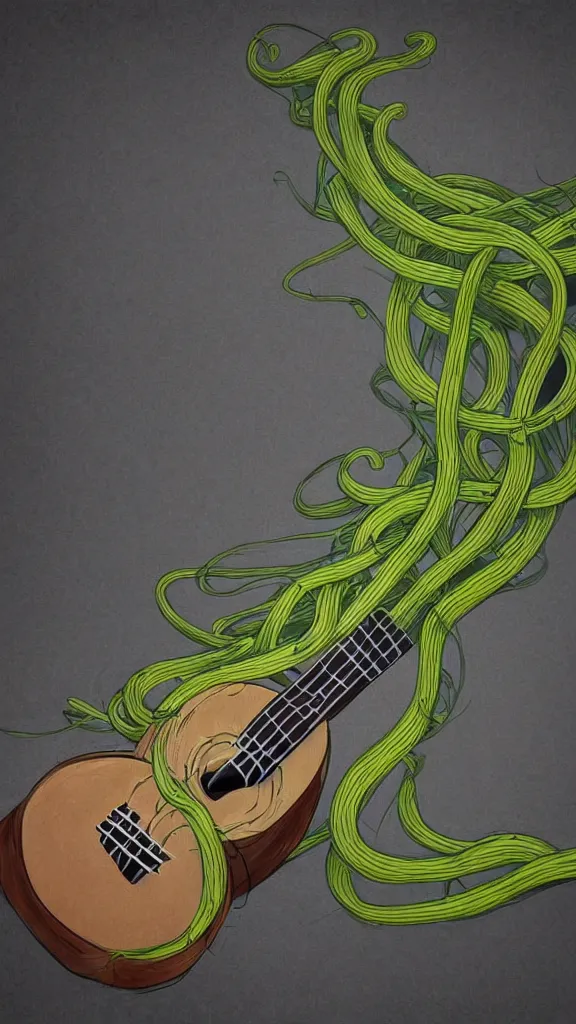 Prompt: a ukulele with long thick vines wrapping around it, fantasy art, art station, grey background,