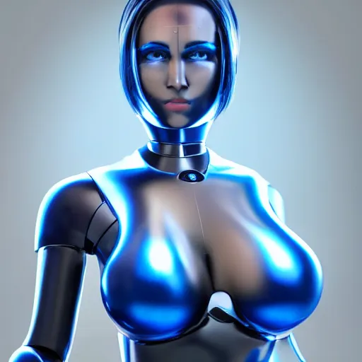 Prompt: womanized humanoid robot made of steel, beautiful face, short blue hair!!!, big breasts, anatomically correct, futuristic, glowing details!, symmetrical, unreal engine, ray tracing, 8 k, uhd, ultrarealistic, clear, sharp, highly detailed