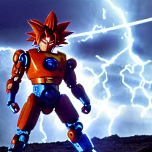 Image similar to movie still of robot goku, cinematic composition, cinematic light, criterion collection, by guillermo del toro