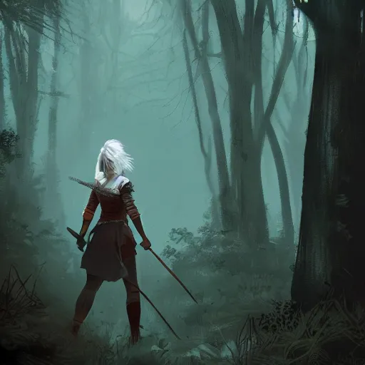 Prompt: Ciri in a dark forest, fantasy art, trending on artstation, by Greg Rutkowski, vector art, 4k