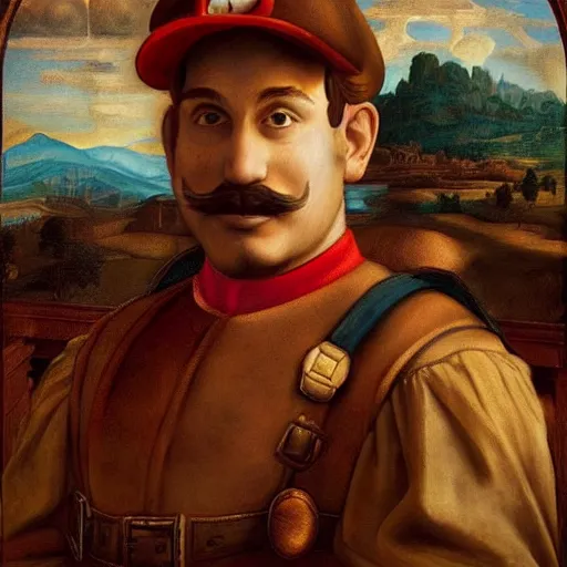 Prompt: a beautiful painted portrait of super mario renaissance painting by da vinci featured on artstation