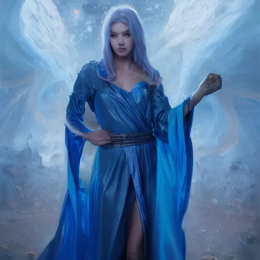 Image similar to Beautiful female wizard in blue and iridescent robes, 4k oil on linen by wlop, artgerm, andrei riabovitchev, nuri iyem, james gurney, james jean, greg rutkowski, highly detailed, soft lighting 8k resolution