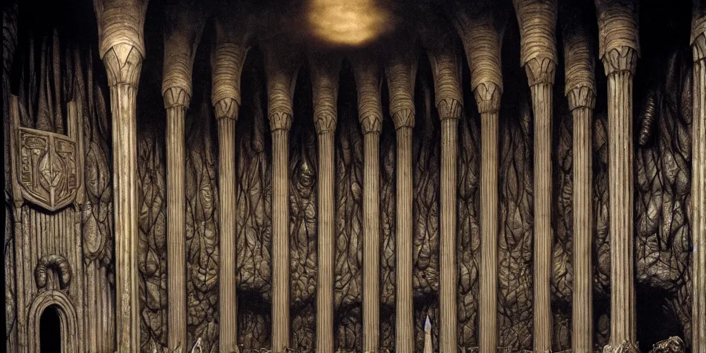 Image similar to balrog in the great hall of moria, columns along both sides of the great hall, style of h. r. giger, dark, cinematic