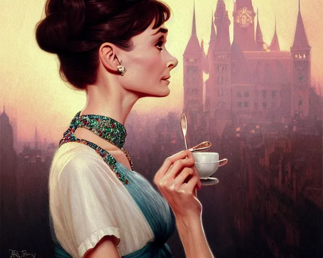 Image similar to photography of audrey hepburn in breakfast at tiffany's, deep focus, intricate, elegant, highly detailed, digital painting, artstation, concept art, matte, sharp focus, illustration, art by artgerm and greg rutkowski and alphonse mucha