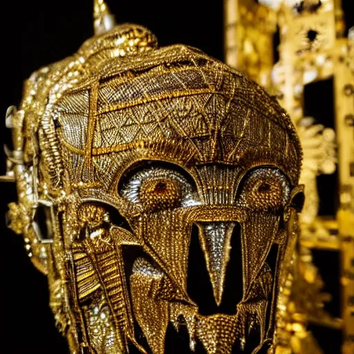 Image similar to metallic head of Behemoth, surrounded by intricate gold lace metalwork on a black smokey background metallic, accent lighting, glowing, gold