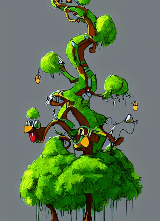 Image similar to cartoon tree with green leaves and a green plant, concept art by senior environment artist, artstation, environmental art, 2 d game art, concept art, sketchfab