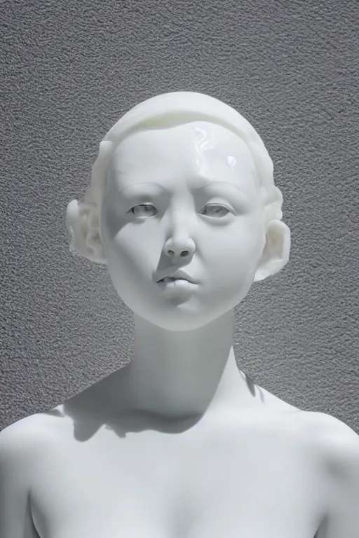 Prompt: full head and shoulders, beautiful female white, porcelain sculpture, with huge perspex bubbles attached to head, by daniel arsham and james jean, on a white background, delicate facial features, white eyes, white lashes