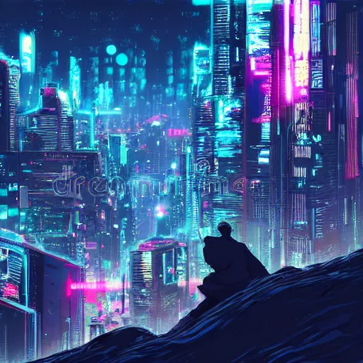 Image similar to city in the style of cyberpunk ontop of a mountain, space sky, anime illustration,