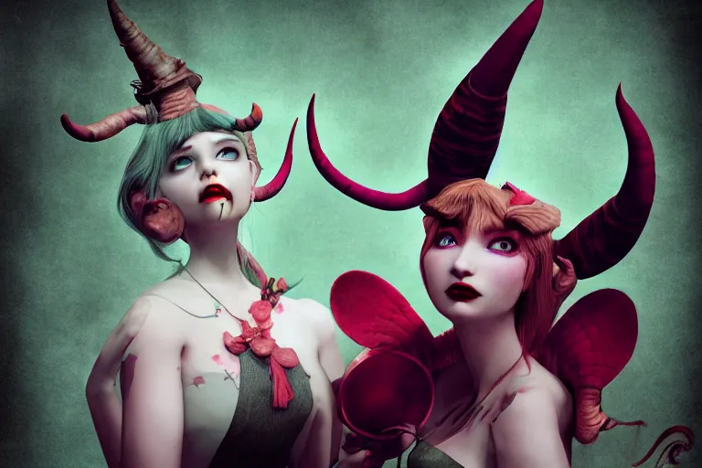 Image similar to pretty demon girl with horns photograph in the style of ray caesar, colorful, realistic, 8 k,