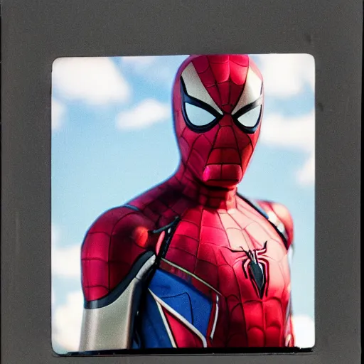 Image similar to a single iron man and spider - man hybrid, dslr, polaroid