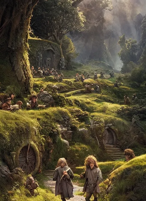 Prompt: hobbits in the shire scenery landscape, lord of the rings, highly detailed, perfect lighting, perfect composition, 4 k, artgerm, derek zabrocki, greg rutkowski