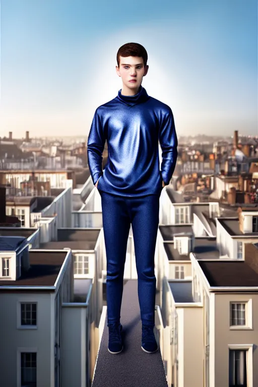 Image similar to un ultra high definition studio quality photographic art portrait of a young man standing on the rooftop of a british apartment building wearing soft padded silver pearlescent clothing. three point light. extremely detailed. golden ratio, ray tracing, volumetric light, shallow depth of field. set dressed.