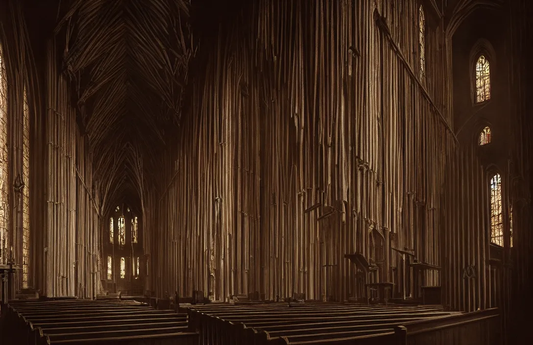 Prompt: detail of a past world in this church interior, vertical lines suggest spirituality, rising beyond human reach toward the heavens. gnarly intact flawless ambrotype from 4 k criterion collection remastered cinematography gory horror film, ominous lighting, evil theme wow photo realistic postprocessing animatronics painting by claude gellee