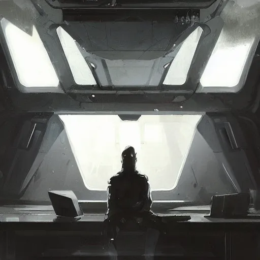 Image similar to concept art by greg rutkowski, a very tall, and slender man with messy blond hair and beard, wearing a black sweater, sitting in the spaceship command bridge, brutalist futuristic interior, dark lighting atmosphere, detailed portraits, nostalgic atmosphere, scifi, digital painting, artstation, concept art, smooth, sharp foccus ilustration, artstation hq