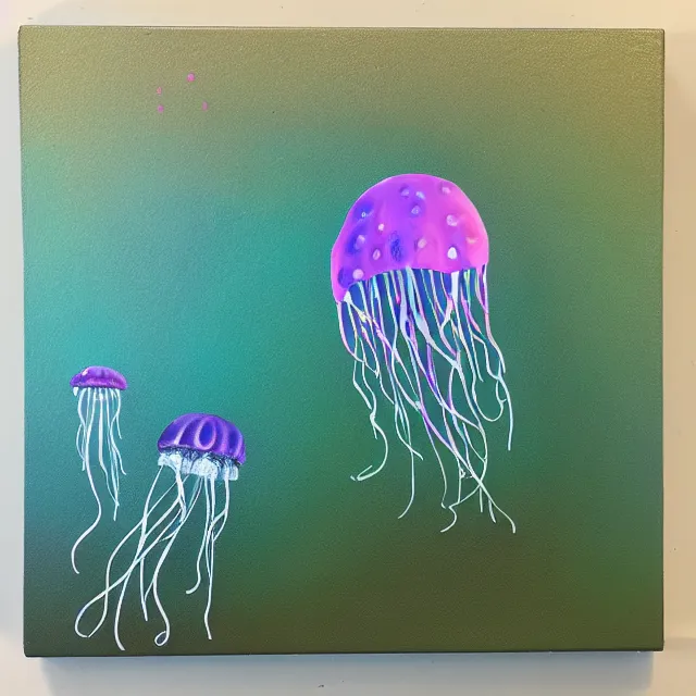 Image similar to jellyfish, tiny woman in a fish tank, surrealism, acrylic and spray paint and oilstick on canvas