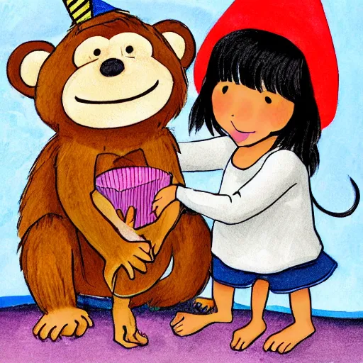 Image similar to mowgli hugging a monkey with a birthday hat on, sister, love, highly detailed