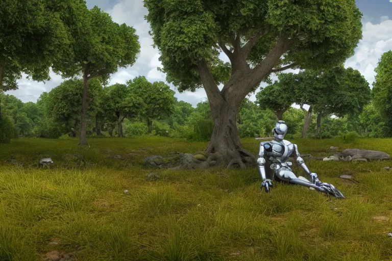 Prompt: zoomed-out 3d render of cel-shaded robot sitting cross-legged with its head pointing down, on a small hill, in a fantasy forest with blooming trees and surrounded my wildlife, river flowing beside the robot, 4k, highly detailed, Unreal Engine, octane render