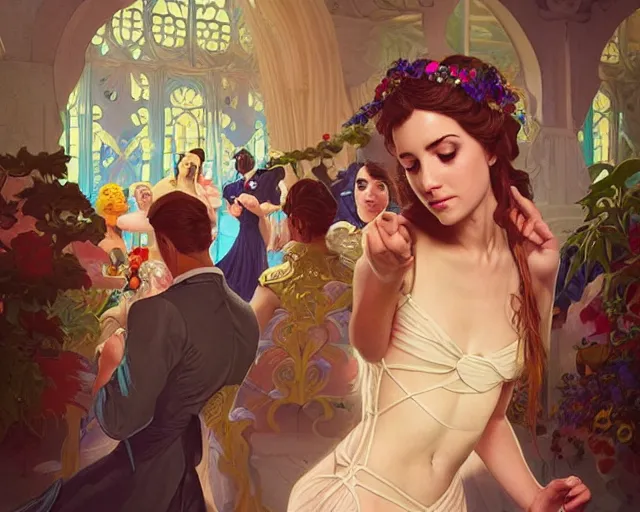 Prompt: a wedding in a swimming pool, photography of kurzgesagt, deep focus, d & d, fantasy, intricate, elegant, highly detailed, digital painting, artstation, concept art, matte, sharp focus, illustration, hearthstone, art by artgerm and greg rutkowski and alphonse mucha