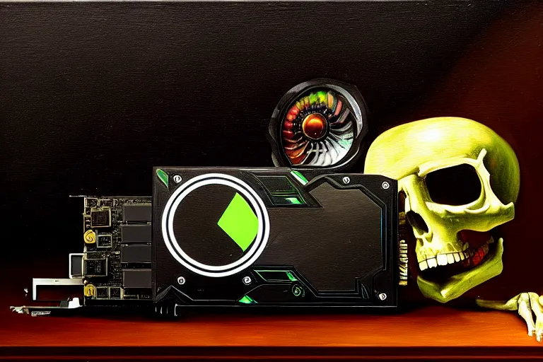 Image similar to a vanitas painting depicting an NVIDIA RTX A100 GPU, graphics card