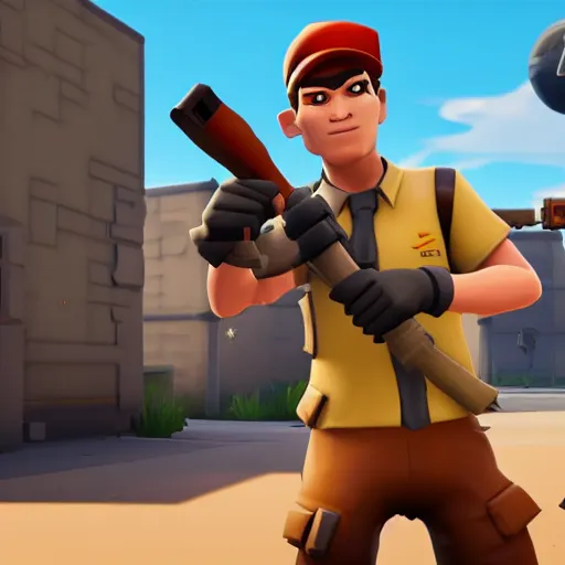 Prompt: scout from team fortress 2 as a fortnite character, gameplay screenshot