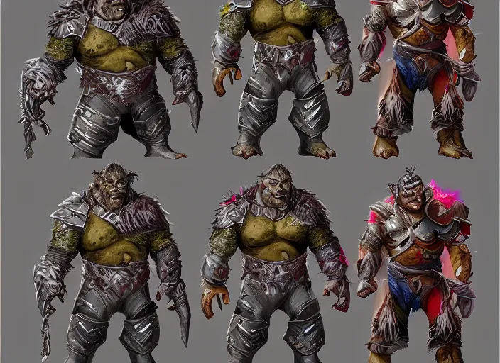 Image similar to three different views of orcs in armour, colourful intricate! concept art by senior character artist, trending on artstation, artstation hd, full body, official art