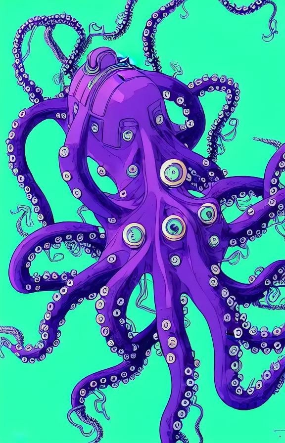 Image similar to robotic octopus by miyazaki, blue green purple color palette, illustration, kenneth blom, mental alchemy, james jean, pablo amaringo, naudline pierre, contemporary art, hyper detailed