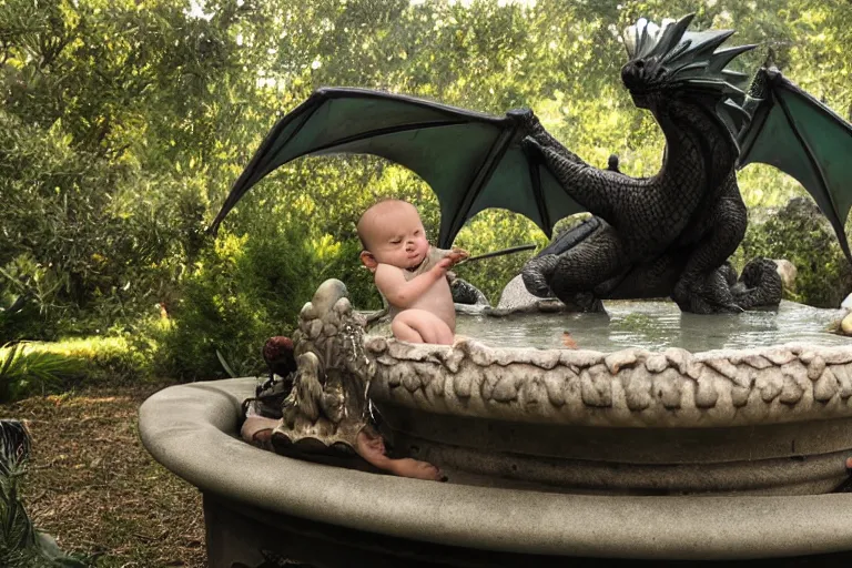 Prompt: cinematography baby dragon in a bird fountain by Emmanuel Lubezki