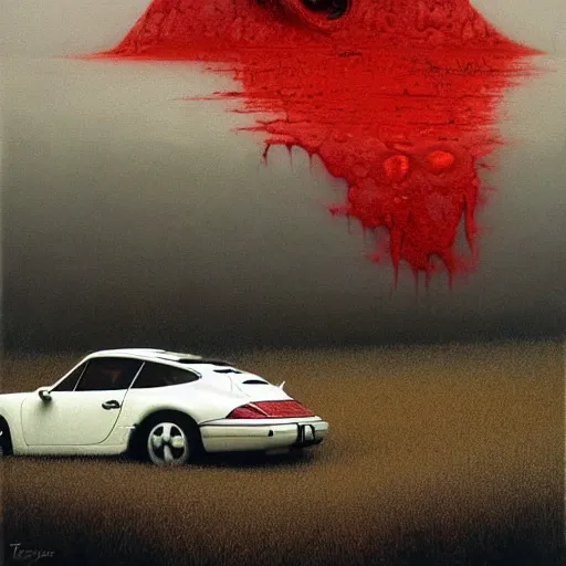 Image similar to hyper realistic painting of an abandoned Porsche 911 Turbo covered in blood, an Australian summer landscape, by Zdzislaw Beksinski, high contrast, gloomy