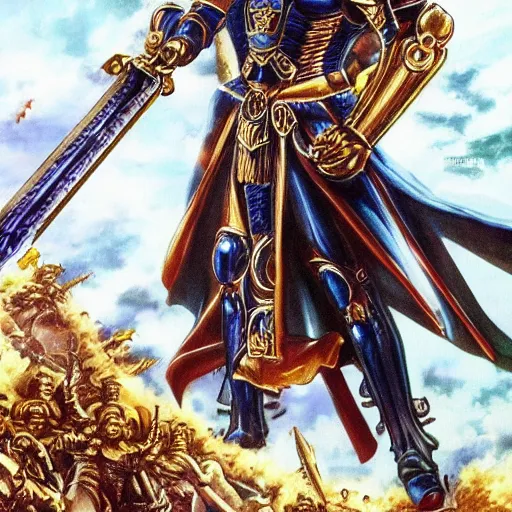 Prompt: The emperor of mankind in golden armor, with long black hair, holds a plasma sword. On the background of the battle on the planet. Futuristic style, super detail.