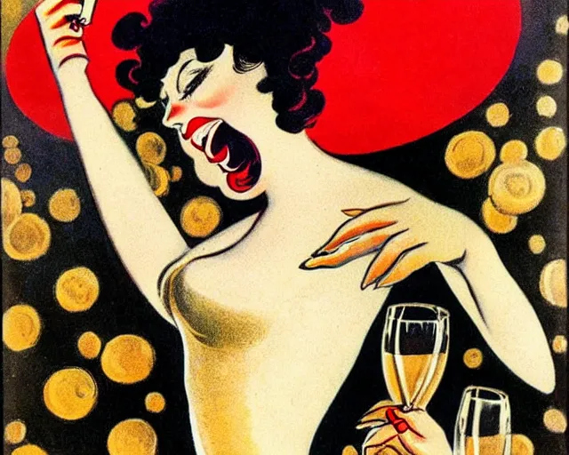 Prompt: vintage, champagne. french, can can, realistic, cheerful, art work by leonetto cappiello, 1 9 0 2