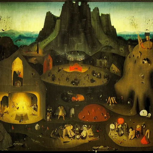 Image similar to night in a minecraft cave, by hieronymous bosch