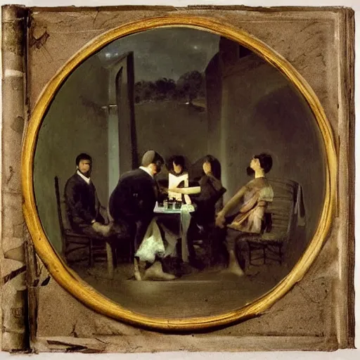 Image similar to by camille corot, by jakub rozalski, by bert hardy van dyke brown, prismatic unified, energetic. a beautiful body art of a group of people standing around a circular table. in the center of the table is a large, open book. the people in the body art are looking at the book with interest & appear to be discussing its contents.