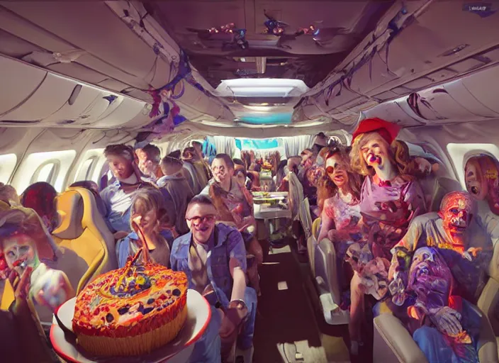 Prompt: boeing 737 cabin, many zombies, birthday party, party hats, string of balloons, one big birthday cake, realistic, insanely detailed, wide angle, Unreal 5 engine, trending on artstation, by Huang Guangjian and Gil Elvgren and Sachin Teng