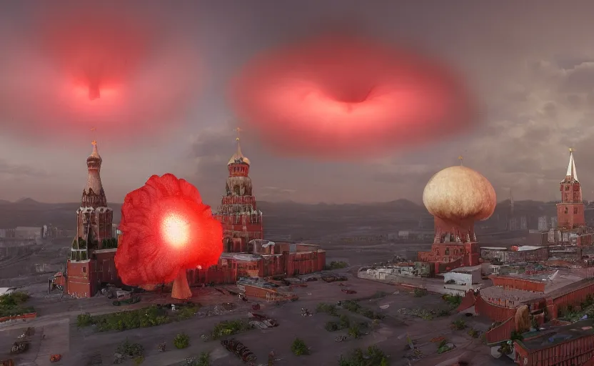 Image similar to ultra realistic picture of a big nuclear explosion with realistic nuclear mushroom in Red Square Kremlin, extremely high detail, photo realistic, cinematic lighting, post processed, artstation, matte painting, unreal engine 5, 8k