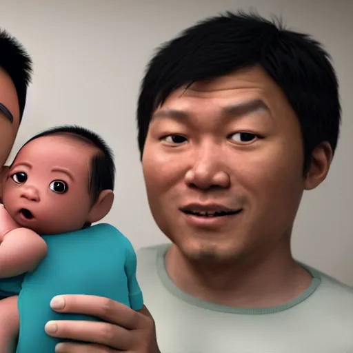 Prompt: a shocked asian man holds dark skinned baby at hospital, he can ’ t believe his eyes, award winning art, pixar, 3 d render, unreal engine
