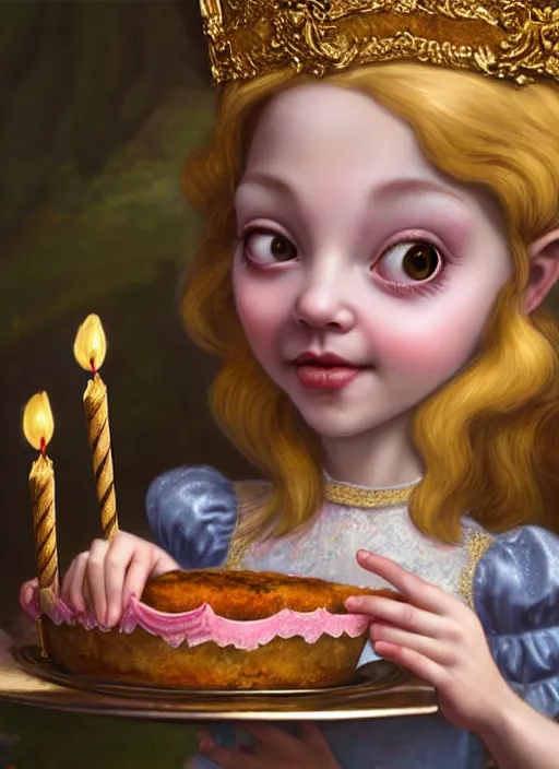 Image similar to highly detailed closeup portrait of a grinning fairytale medieval princess eating birthday cake, unreal engine, nicoletta ceccoli, mark ryden, lostfish, earl norem, global illumination, god rays, detailed and intricate environment