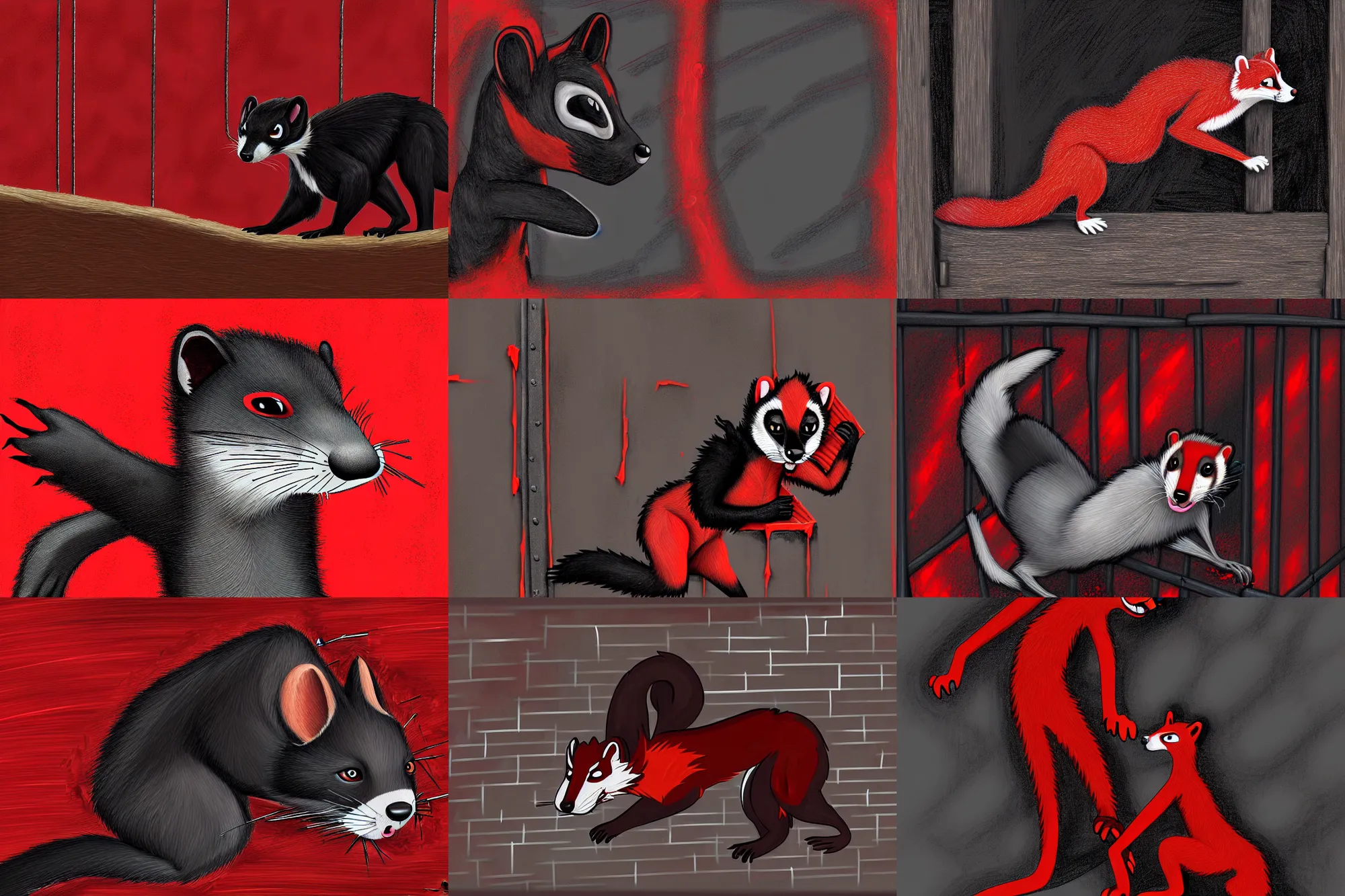 Prompt: a digital painting of a red - and - black weasel / stoat fursona / furry ( character from the furry fandom ), scratching and chiseling on a prison cell wall in order to create cracks and impressions, embraced by blessed madness, the paint flows through the nooks and crannies of the partition