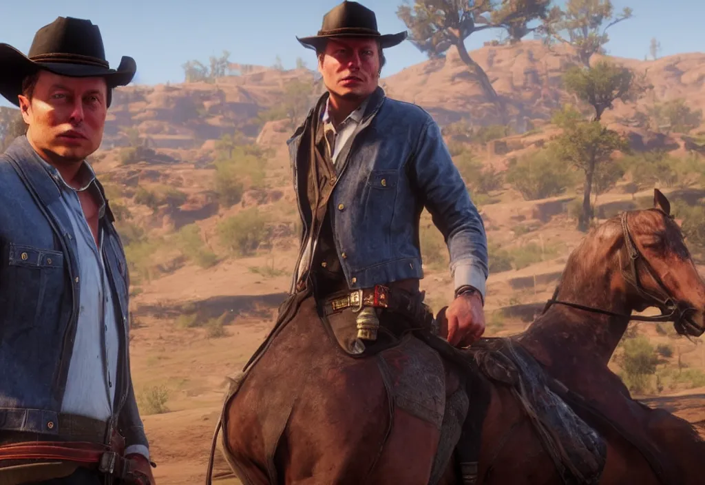 Image similar to elon musk in the red dead redemption 2, elon musk in the video game red dead redemption 2, gameplay screenshot, close up, 3 d rendering. unreal engine. amazing likeness. very detailed.