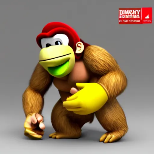 Image similar to Donkey Kong slips on a banana, 3D render, detailed clay model